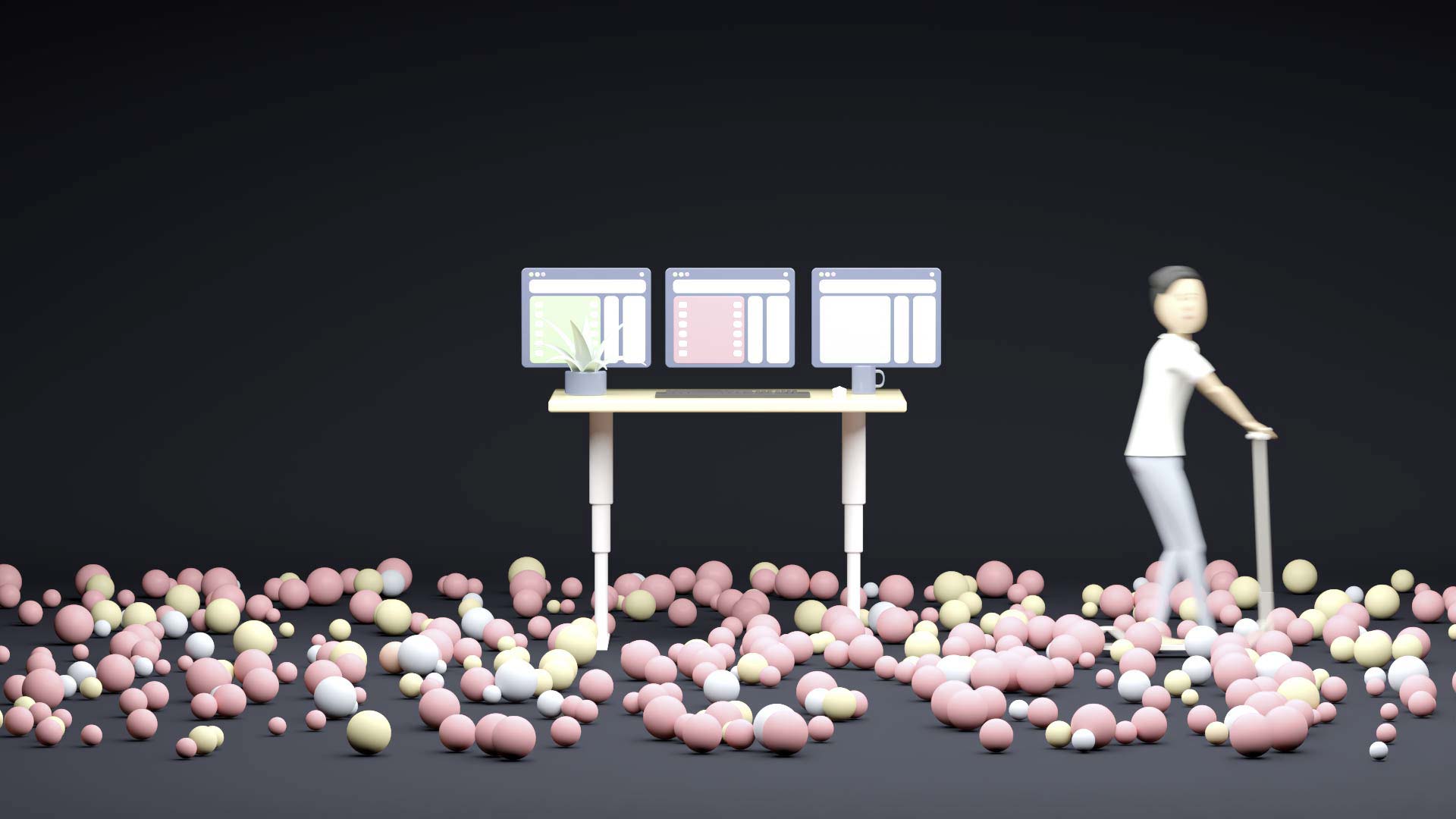 A co-worker enters the workspace represented by a height-adjustable desktop. The co-worker uses an e-scooter. In the room, there are numerous rolling balls representing itesign-developed apps.